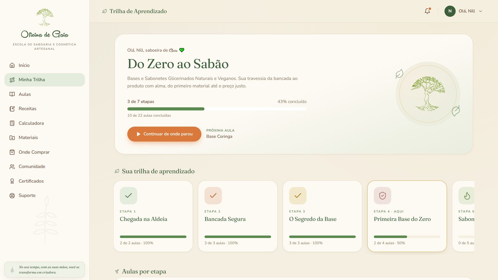 Trilha de aprendizado da Escola de Gaia com as etapas e o progresso da aluna